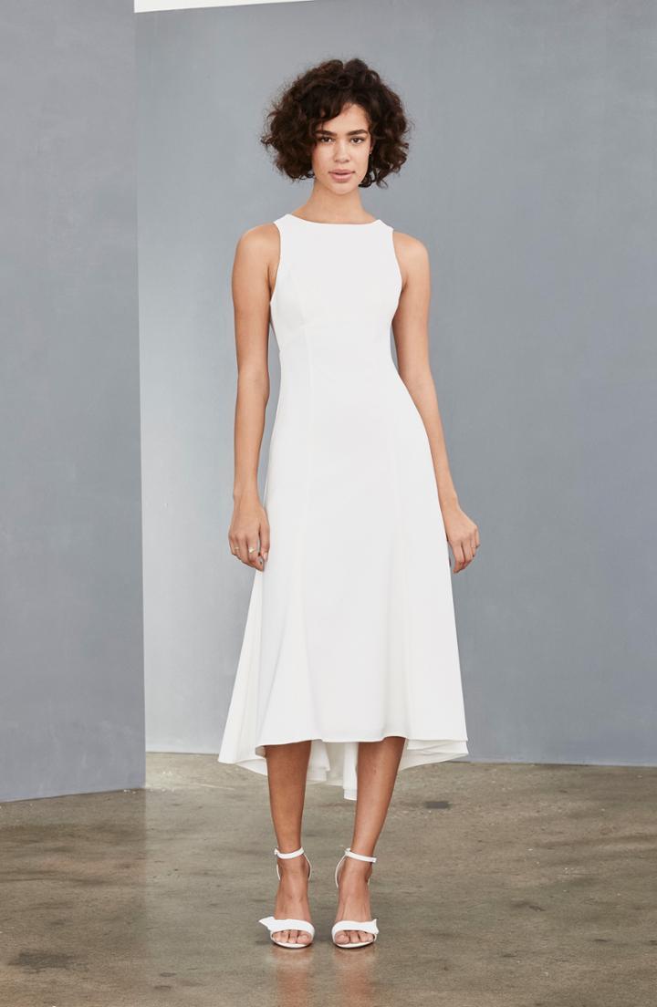 Women's Amsale Mesh Back Crepe Tea Length Dress - Ivory