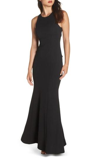 Women's Sequin Hearts Ruffle Back Scuba Crepe Gown - Black