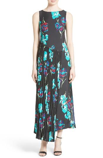 Women's Diane Von Furstenberg Print Silk Pleated Overlay Dress, Size - Black