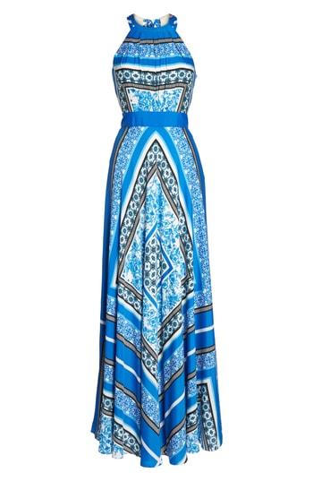 Petite Women's Eliza J Scarf Print Halter Crepe De Chine Maxi Dress P - Blue
