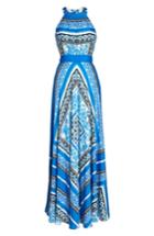 Petite Women's Eliza J Scarf Print Halter Crepe De Chine Maxi Dress P - Blue