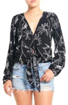 Women's Thieves Like Us Print Tie Front Top, Size - Black