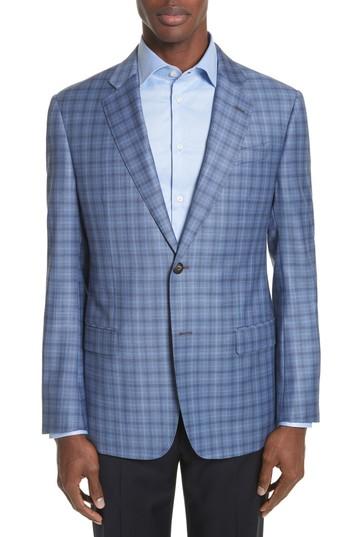 Men's Emporio Armani G Line Trim Fit Plaid Wool Sport Coat Us / 54 Eul - Blue/green