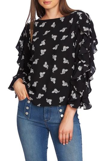Women's 1.state Paisley Petals Ruffle Slit Sleeve Top - Black