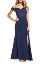 Women's Morgan & Co. Sparkle Off The Shoulder Gown /6 - Blue