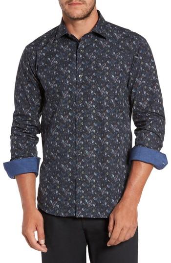 Men's Bugatchi Trim Fit Leaf Print Sport Shirt, Size - Blue