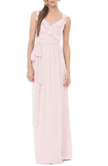 Women's Ceremony By Joanna August 'lacey' Ruffle Wrap Chiffon Gown, Size - Pink