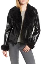Women's Kensie Faux Patent Leather With Faux Shearling Trim Moto Jacket - Black
