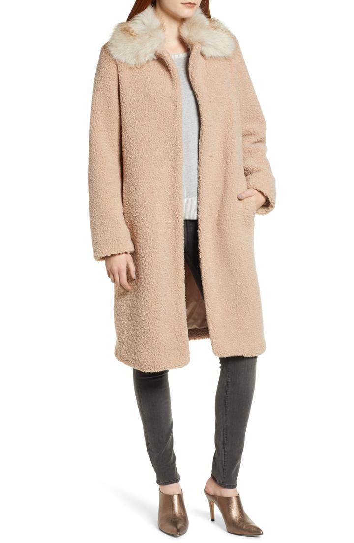 Women's Bernardo Textured Coat With Faux Fur Collar - Pink