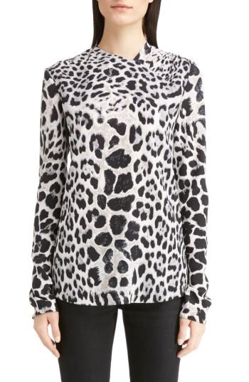 Women's Saint Laurent Logo & Leopard Print Silk Crepe De Chine Blouse Us / 40 Fr - Black