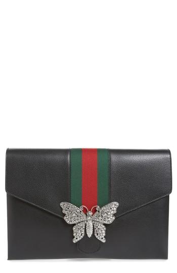 Gucci Totem Crystal Embellished Butterfly Leather Clutch - Black