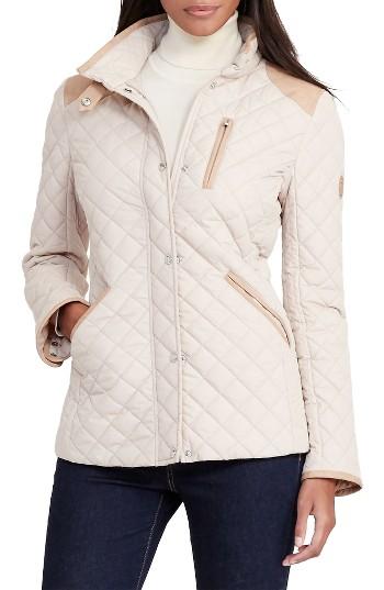 Women's Lauren Ralph Lauren Faux Leather Trim Quilted Jacket - Beige