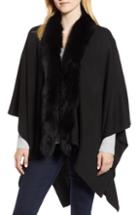 Women's La Fiorentina Wool Blend Wrap With Genuine Fox Fur Trim, Size - Black