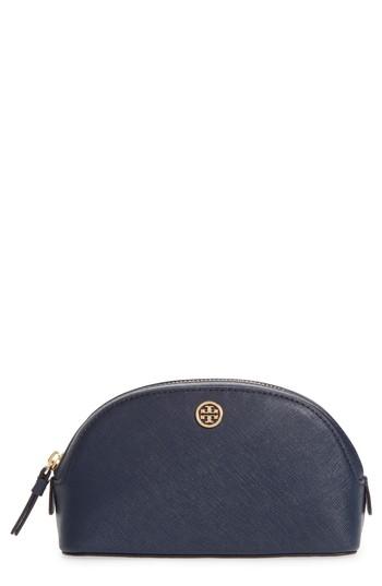 Tory Burch Robinson Small Leather Cosmetic Case, Size - Royal Navy