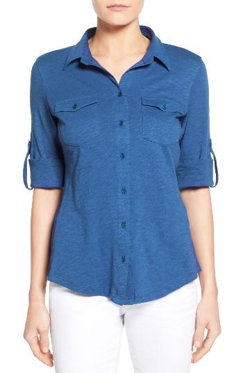 Women's Caslon Roll Sleeve Cotton Knit Shirt, Size - Blue