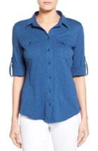 Women's Caslon Roll Sleeve Cotton Knit Shirt, Size - Blue
