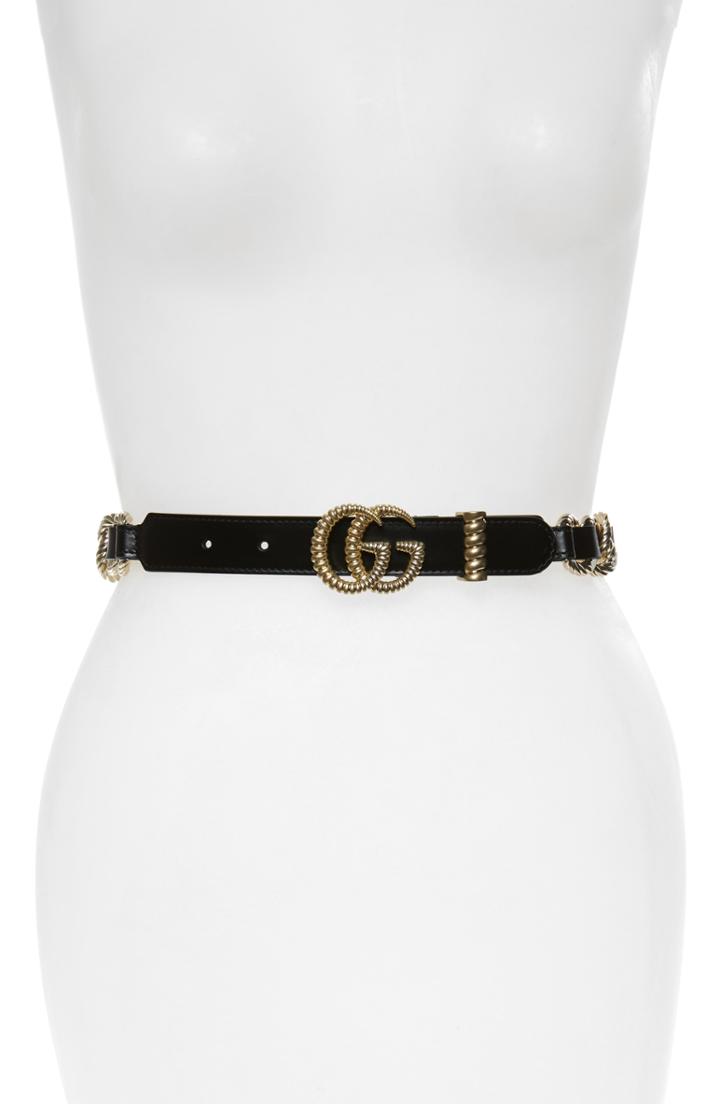 Women's Gucci Textured Gg Chain & Leather Skinny Belt - Nero
