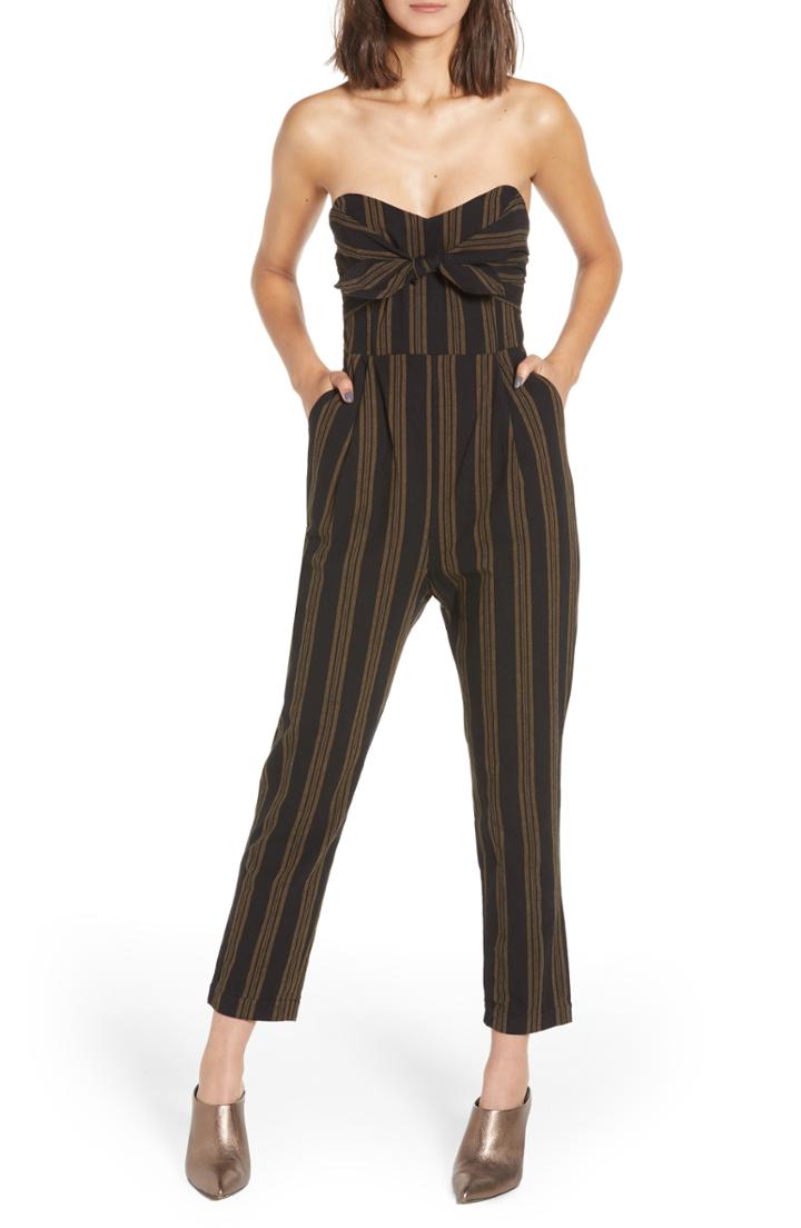 Women's Knot Front Stripe Jumpsuit - Black