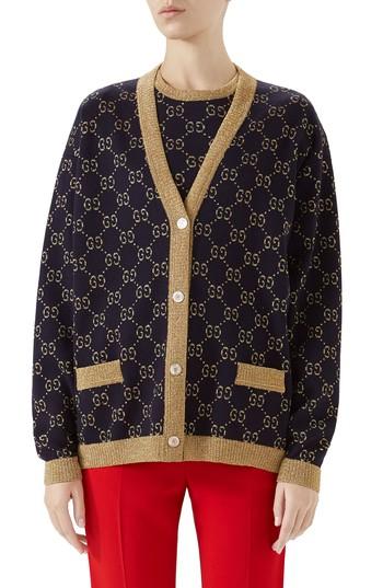 Women's Gucci Metallic Gg Cardigan - Blue