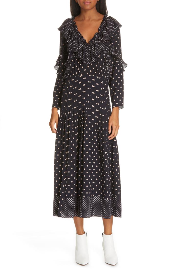 Women's Rebecca Taylor Dot Print Silk Midi Dress - Blue