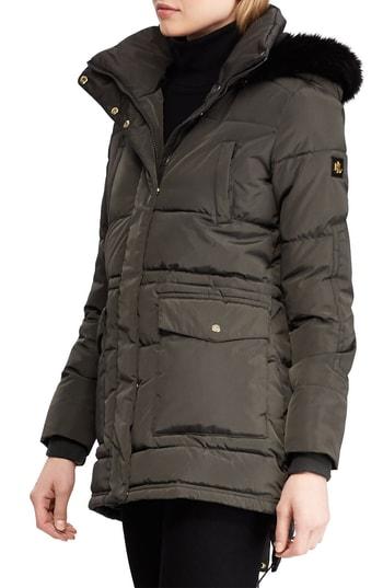 Women's Lauren Ralph Lauren Puffer Coat With Faux Fur Trim - Green