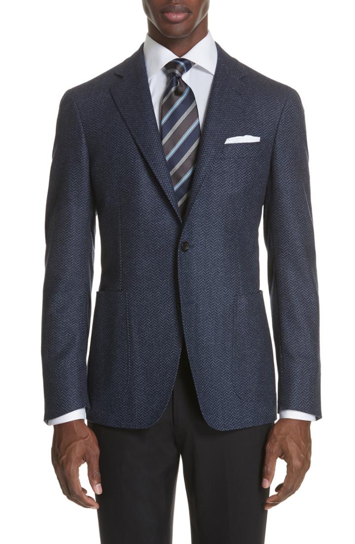 Men's Canali Classic Fit Herringbone Wool Sport Coat Us / 52 Eu L - Blue