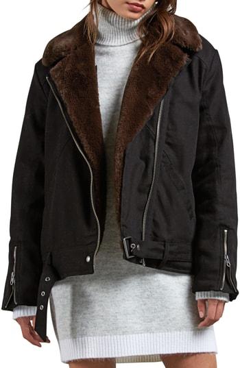 Women's Volcom Perfect Stone Faux Fur Lined Moto Jacket - Black