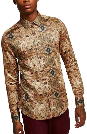 Men's Topman Print Shirt - Brown