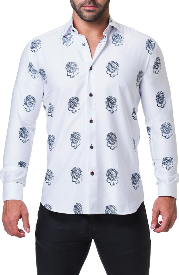 Men's Maceoo Fibonacci Skull Sketch Print Trim Fit Sport Shirt (m) - White