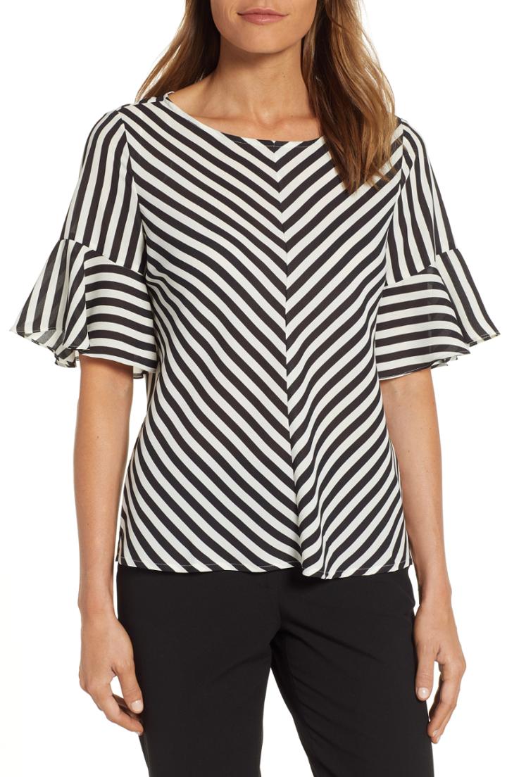 Women's Vince Camuto Chevron Stripe Ruffle Sleeve Top - Black