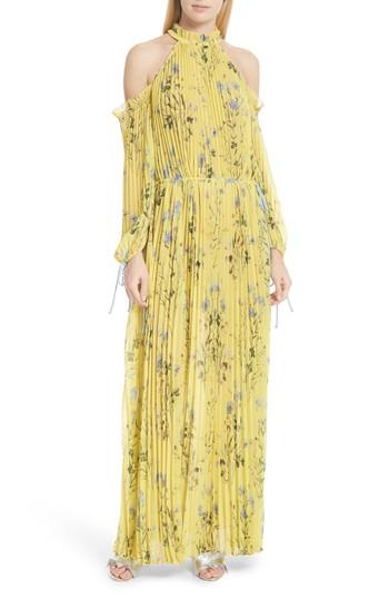Women's Self-portrait Floral Pleated Cold Shoulder Maxi Dress - Yellow