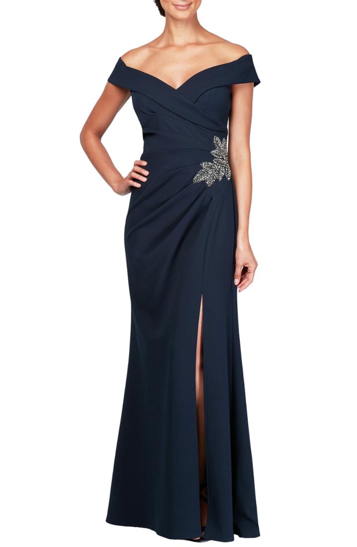 Women's Alex Evenings Off-the-shoulder Bead Detail Evening Dress - Blue