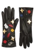 Women's Agnelle Funny Patches Lambskin Leather Gloves .5 - Black