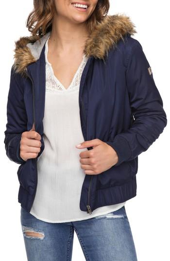 Women's Roxy Oh Reely Faux Fur Bomber Jacket - Blue