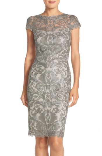 Petite Women's Tadashi Shoji Illusion Yoke Lace Sheath Dress P - Grey