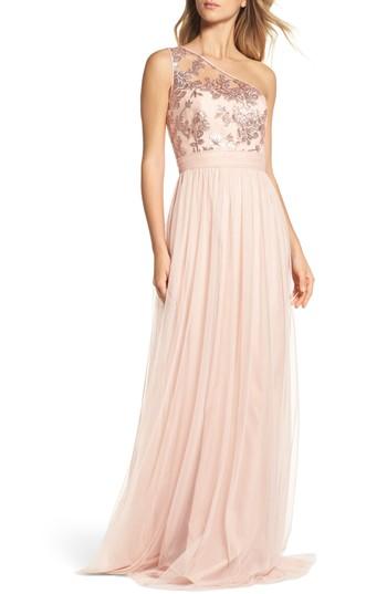 Women's Amsale Ashlynn Embellished One-shoulder Gown - Pink