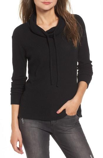 Women's Socialite Cowl Neck Waffle Knit Top - Black