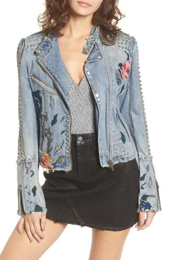 Women's Blanknyc Sea Of Flowers Studded Denim Moto Jacket