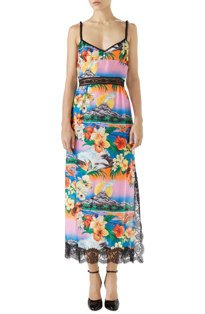 Women's Gucci Lace Trim Tropical Print Silk Slipdress