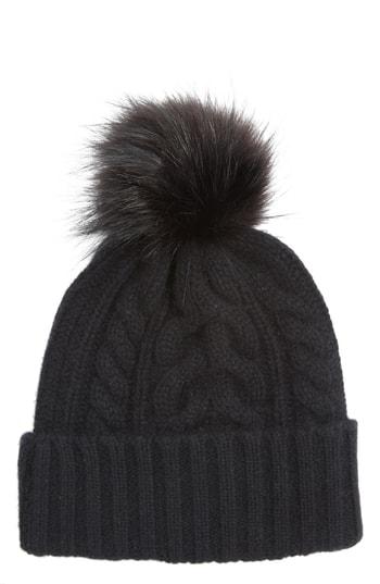 Women's Halogen Cashmere Cable Knit Beanie With Faux Fur Pom - Black