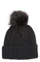 Women's Halogen Cashmere Cable Knit Beanie With Faux Fur Pom - Black
