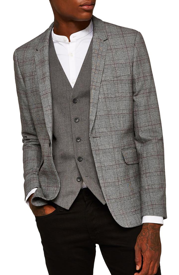 Men's Topman Skinny Fit Check Sport Coat R - Grey