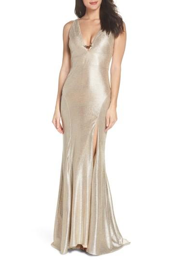 Women's Mac Duggal Sleeveless Front Slit Gown - Metallic