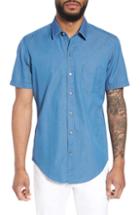 Men's Boss Robb Trim Fit Denim Short Sleeve Sport Shirt, Size - Blue