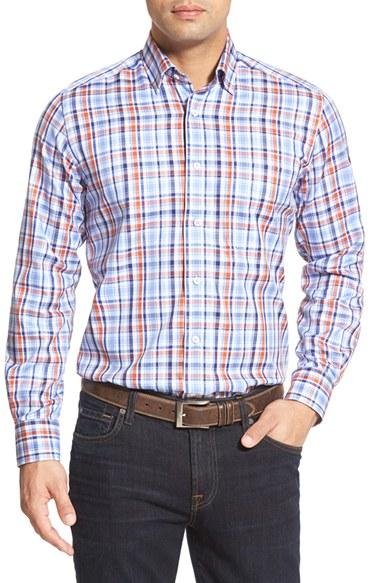 Men's David Donahue Regular Fit Plaid Sport Shirt, Size - Blue