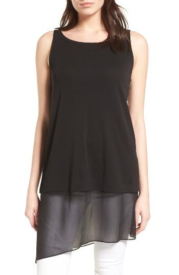 Women's Eileen Fisher Silk Jersey & Chiffon Tunic, Size - Black