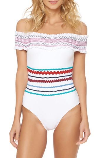 Women's Red Carter Smocked Off The Shoulder Swimsuit - White