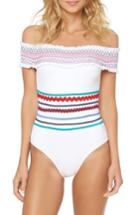 Women's Red Carter Smocked Off The Shoulder Swimsuit - White