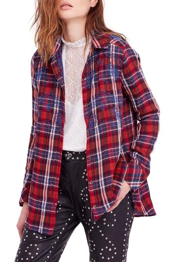 Women's Free People Magical Plaid Embroidered Shirt - Red