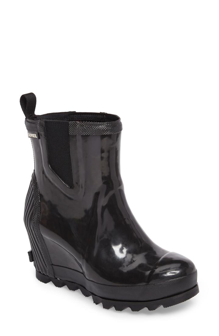 Women's Sorel Joan Glossy Wedge Waterproof Rain Boot .5 M - Black